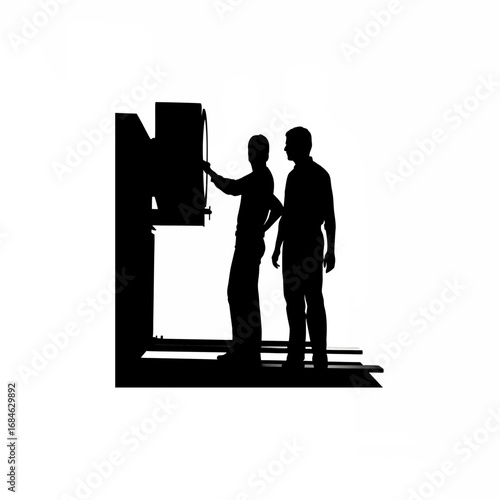 Silhouette of a skilled worker mentoring an apprentice near a cnc machine