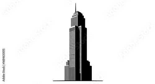 majestic skyscraper silhouette, modern city building, urban architecture, black and white design, tall building illustration