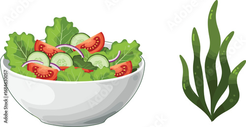 Healthy Food Vector – Fresh Vegetable Salad in Bowl and Green Seaweed Plant Isolated on White Background for Nutrition Concepts