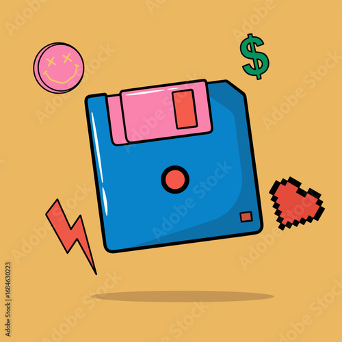 A vector illustration of a retro memory disk or floppy disk from the 90s