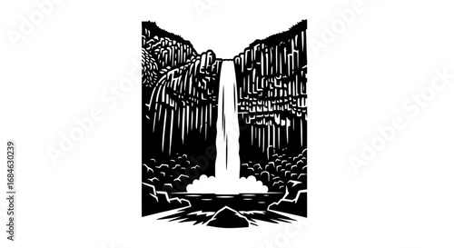 majestic waterfall, black and white illustration, nature, water cascade, cliffside, power, serenity