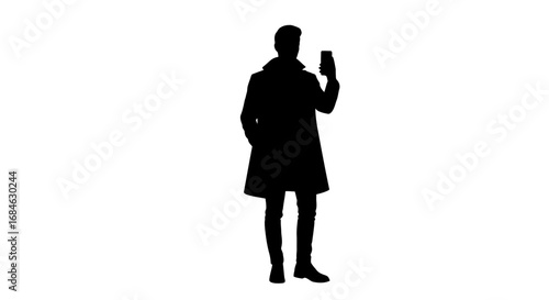 man in coat taking selfie, silhouette, phone, modern, stylish, person, social media, technology, communication, elegant