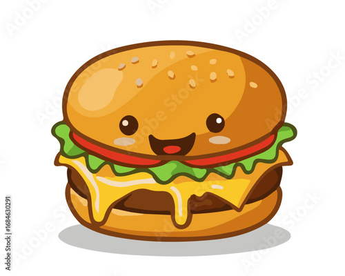 Cute Cartoon Kawaii Burger Character with Smiling Face  – Funny Fast Food Mascot Illustration