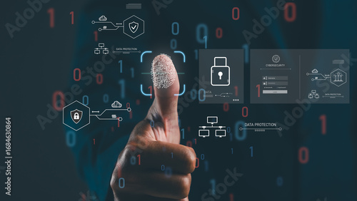 A digital fingerprint symbolizes data protection, cybersecurity, and identity verification in a technological environment filled with binary code.