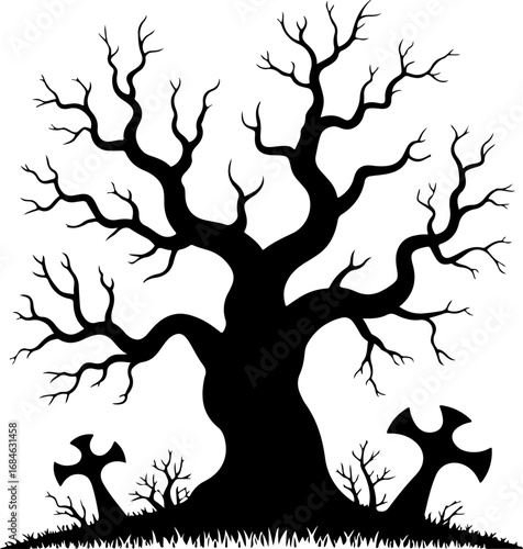 Spooky haunted tree silhouette Vector illustration