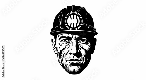 miner head, coal mining, hard hat, black and white, vintage style, portrait, man, serious, labor, industry, coal miner, mining helmet, headshot, detailed, gritty, strong, rugged, 
