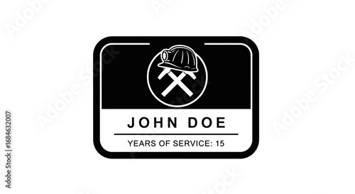 miner id card, john doe, 15 years service, mining helmet, pickaxes, black and white