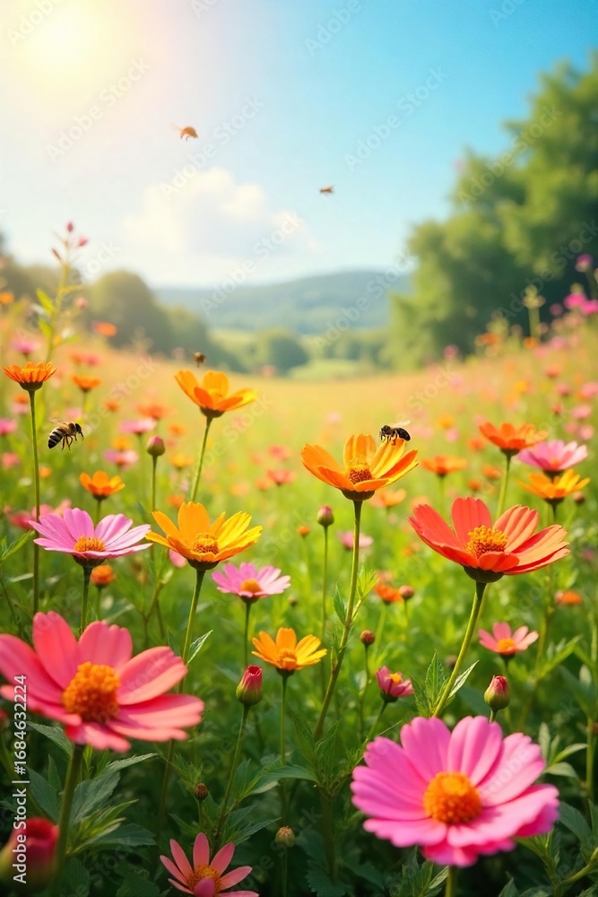 Obraz premium A vibrant, sun-drenched field of wildflowers, buzzing with bees, evokes a feeling of pure, sweet happiness Perfect for concepts of joy, contentment, and summer bliss , delightful, field