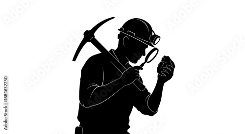miner silhouette inspecting gemstone with pickaxe mining, geology, and exploration