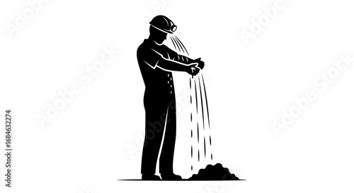 miner washing hands, coal dust, hard work, industry, safety, silhouette, labor, worker, mining, graphic, design, illustration
