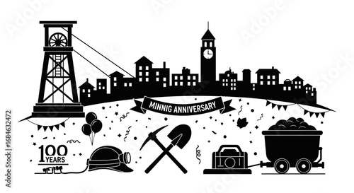 mining industry 100 years anniversary cityscape, coal mine, and tools