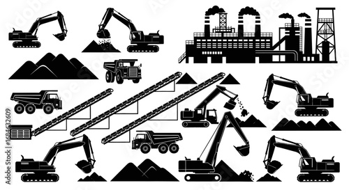 mining industry excavators, trucks, conveyors, and industrial plant silhouettes
