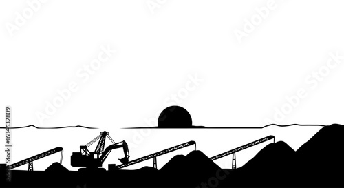 mining quarry silhouette excavator, conveyor belts, sunset