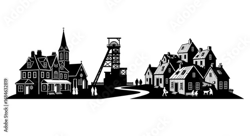 mining town silhouette church, houses, and mine shaft illustration