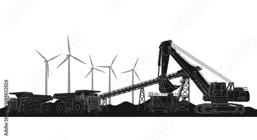 mining, energy, and power generation excavator, trucks, and wind turbines silhouette