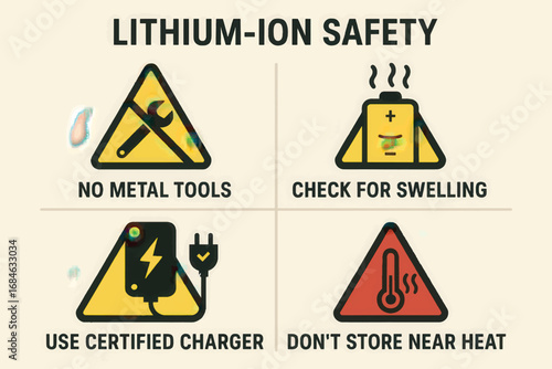 Vector infographic illustrating lithium-ion safety guidelines with icons for swelling, tools, heat, and chargers, clear scalable layout.