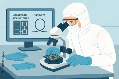 Vector illustration of a lab technician inspecting superconducting chip under microscope with Josephson junctions and nanowire diagram.