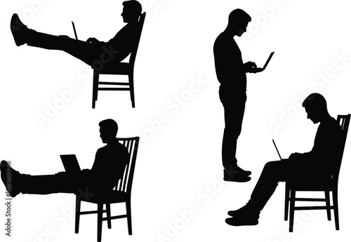 "Silhouettes of Laptop Users in Seated and Standing Postures for Ergonomic, Remote Work, and Productivity Concepts – Vector Illustration"