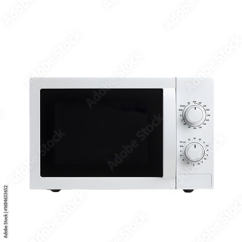 Modern white microwave oven, sleek and minimal design, isolated on white background, perfect for kitchen appliance advertising or product presentation.