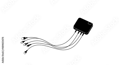 network switch, four ports, cables, connector, data transfer, internet, technology, communication, connection