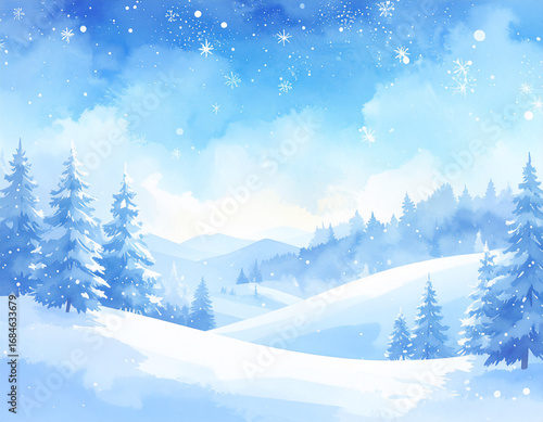 冬の雪景色と森の水彩画風イラスト