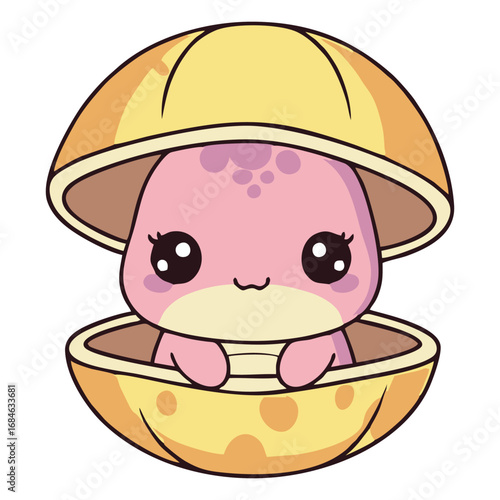 A cute cartoon pink creature with big eyes peeking out of a yellow shell.