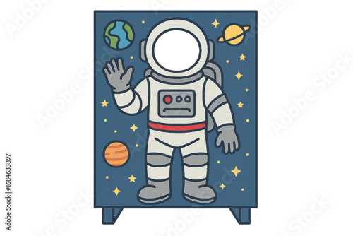 Vector illustration of an astronaut cutout in space with planets and stars, ideal for educational or entertainment scalable designs.
