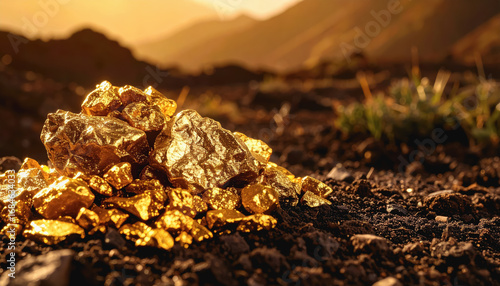 Glimmering pile of alluvial gold nuggets on a soft surface with natural light highlighting their unique features