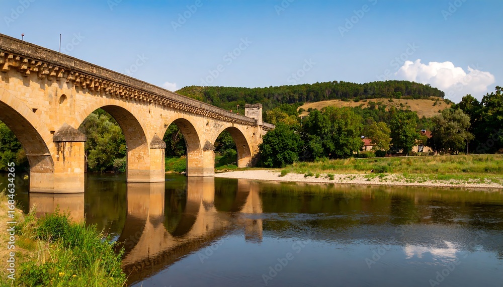 Fototapeta premium Stone bridge spanning river, reflecting in calm water