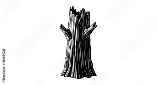 old tree stump, black and white illustration, nature, silhouette, dead tree, trunk, branches, aged wood, graphic design element