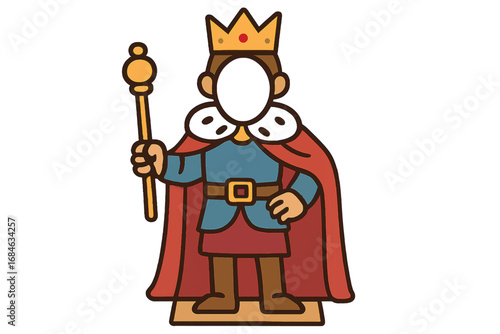 Vector illustration of cartoon king character with crown and scepter on blank face standee for photo booth or creative template use.