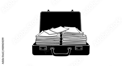 open briefcase full of documents, papers, files, business, office, work, black and white illustration