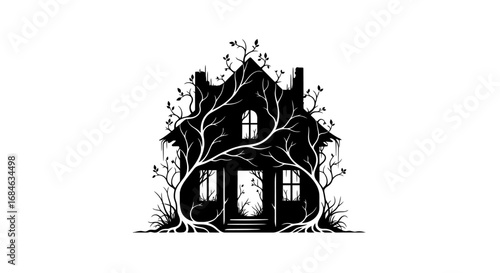 overgrown house silhouette, abandoned building, dark tree branches, spooky illustration, black and white, horror, mystery