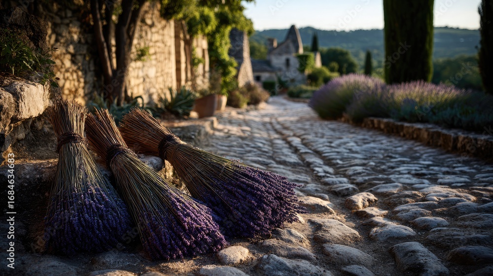 Obraz premium Lavender bundles on a stone path, village backdrop
