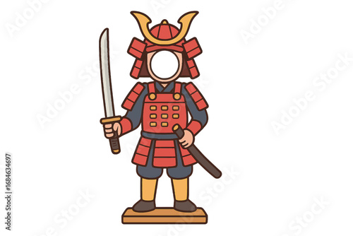 Vector cartoon illustration of samurai warrior in red armor with blank face template, perfect for cultural or historical photo standees.