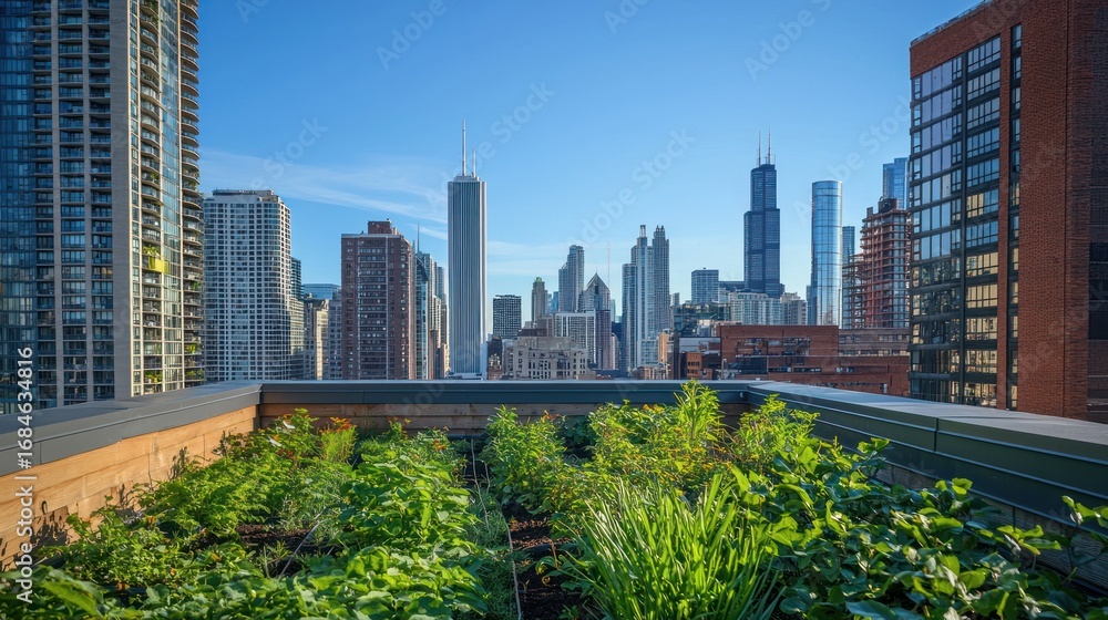 Fototapeta premium Rooftop garden with city skyline view.