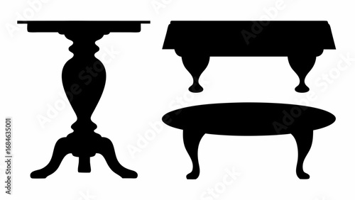 Silhouette illustration featuring three distinct table designs with varying shapes and leg styles | editable eps vectors