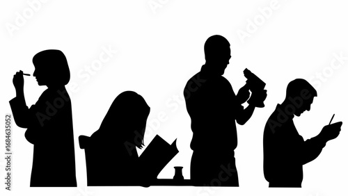 Silhouette of four people engaged in different activities against a white background in a simple illustration | editable eps vectors