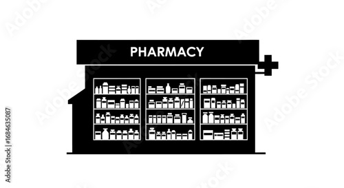 pharmacy store icon medical drugstore building, healthcare supplies, medicine shop