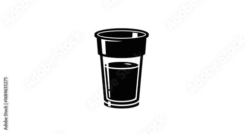 plastic cup drinkware, beverage container, half full, simple icon, black silhouette, party drink, refreshment, pub, bar, minimalist design, clean graphic