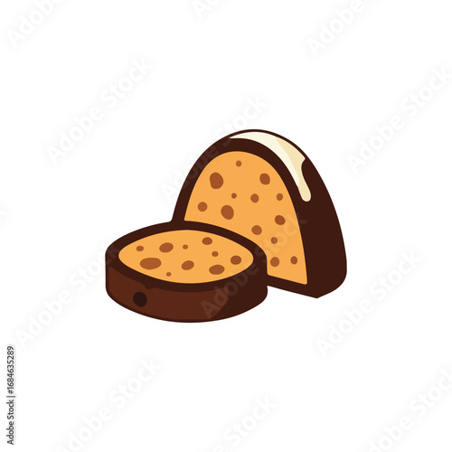 A stylized illustration of two pieces of a chocolate-covered honeycomb candy.