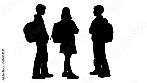 Silhouette of three students with backpacks standing together on a white background in a simple illustration | editable eps vectors