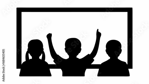 Silhouette of three people watching something with one raising their hand and another raising both hands | editable eps vectors