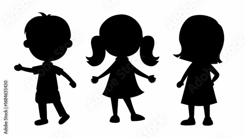 Three children silhouettes standing together in a row with different hairstyles and clothing styles shown | editable eps vectors