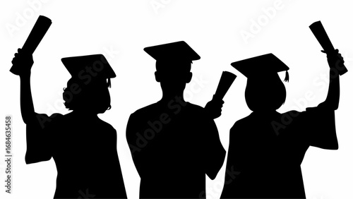 Silhouette of three graduates in caps and gowns holding diplomas in a celebratory graduation scene | editable eps vectors