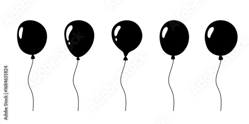 4Balloons with string silhouette set, decorative air-filled celebration design for party, birthday holiday flat decoration, festive symbol, event anniversary design. Isolated. Vector illustration