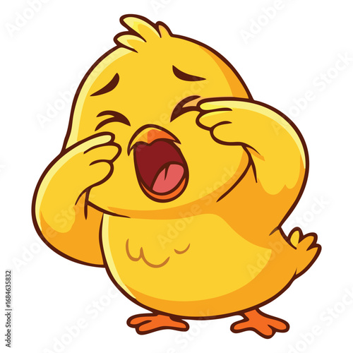 A cute cartoon yellow chick crying loudly with eyes squeezed shut and mouth wide open.