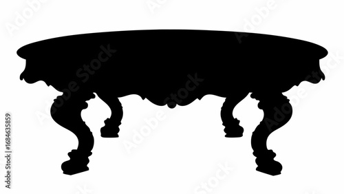 Silhouette of an ornate oval table with curved legs and decorative details in a solid black color scheme | editable eps vectors