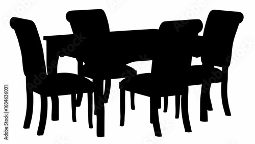 Silhouette depiction of a dining table surrounded by four chairs in a simplistic black and white style | editable eps vectors