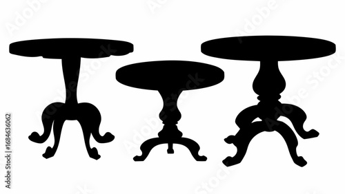 Three antique tables with round tops and ornate legs in a silhouette against a white background image | editable eps vectors